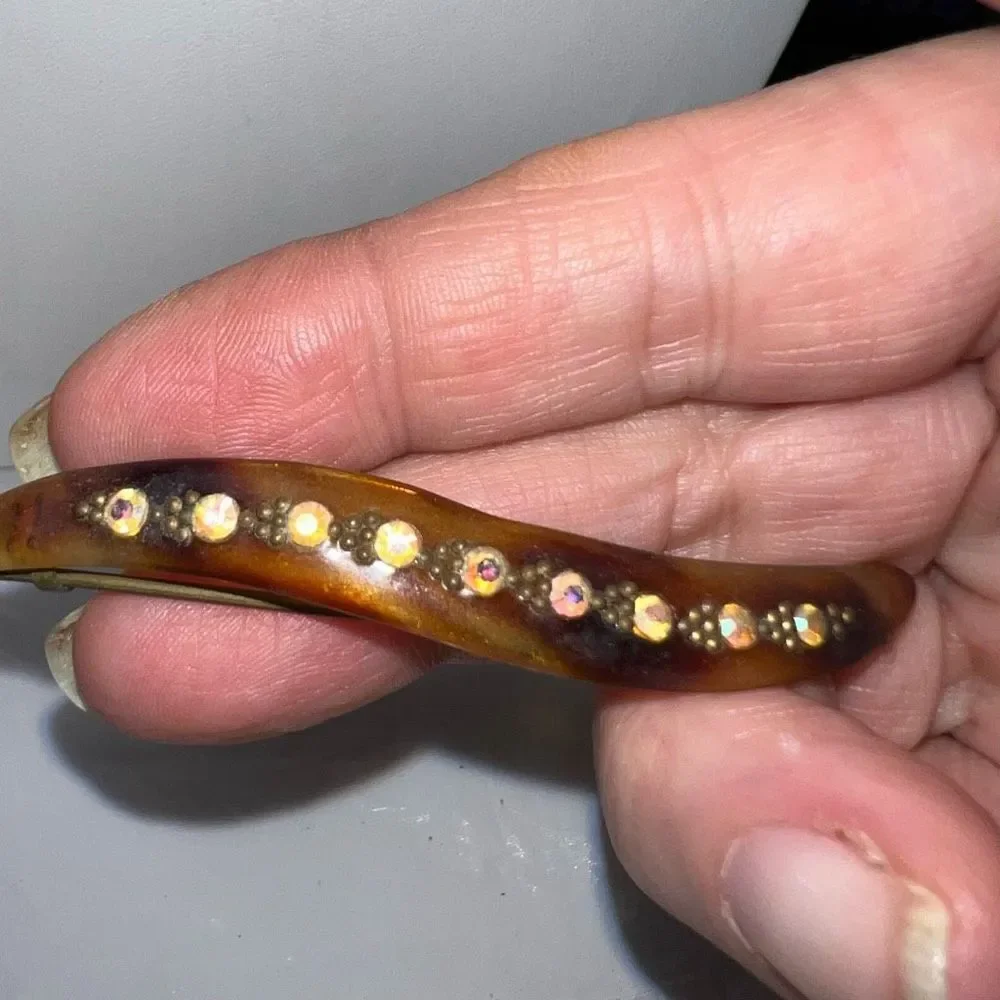 Vintage French Made Tortoise Shell With Crystal Inlay Hair Barrette